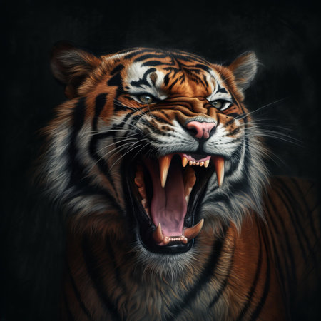 Portrait of a tiger on a dark background. Digital painting.の素材