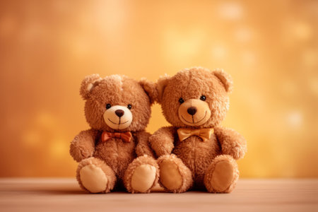 Two teddy bears sitting on a wooden table with a bokeh backgroundの素材