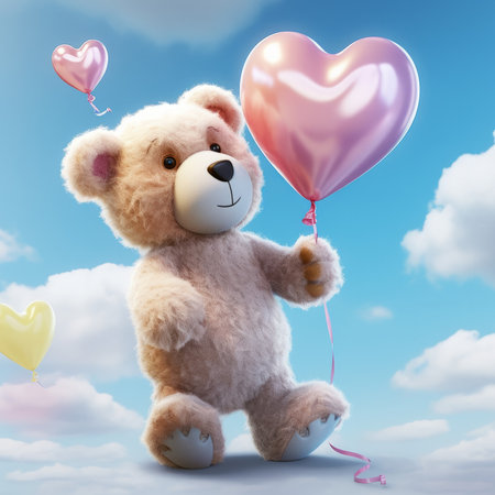 Teddy bear with heart shaped balloons on blue sky background. 3D rendering.の素材