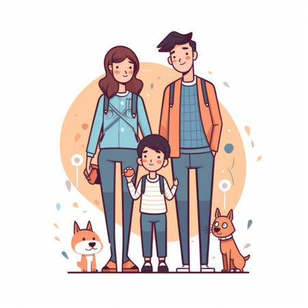 Happy family with dog. Father, mother and son. Vector illustrationの素材