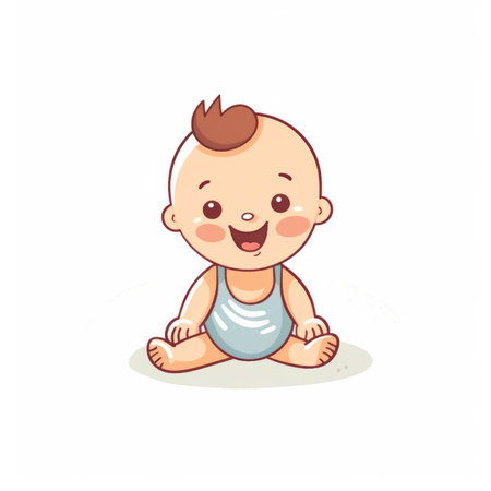 Cute baby boy sitting on floor and smiling. Vector illustration.の素材