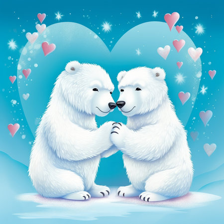 Two white bears in love on blue background with hearts. Vector illustration.の素材