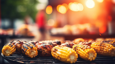 Grilled corn on the cob on the grill with blurred background.の素材