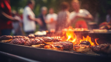 Barbecue grill with delicious burgers and bbq food on summer party