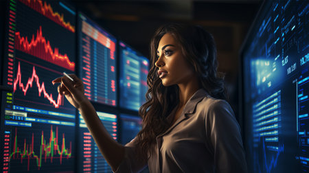 Portrait of a beautiful businesswoman standing in front of a monitor with stock charts.の素材