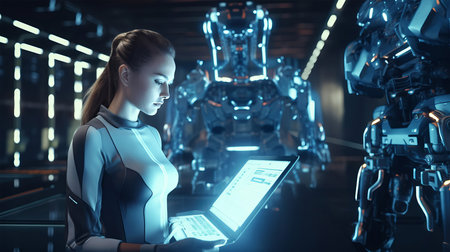 Beautiful young woman using laptop in dark space. 3D renderingの素材