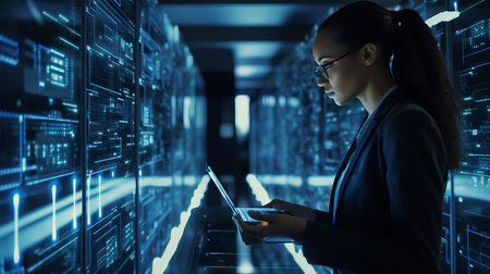 Side view of young African-American businesswoman using laptop in server roomの素材