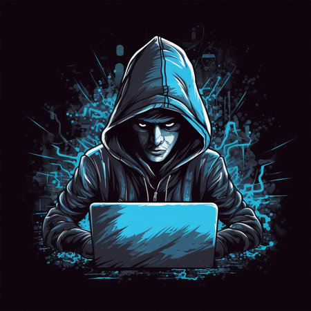 Hacker with a laptop on a dark background. Vector illustration.の素材