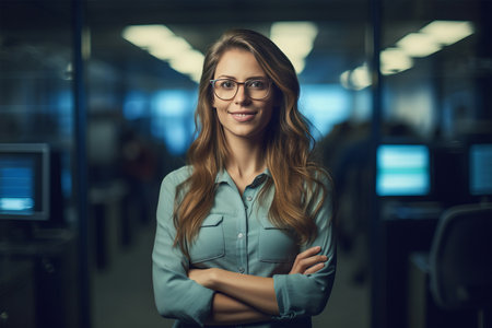 Portrait of a young businesswoman standing with arms crossed in officeの素材