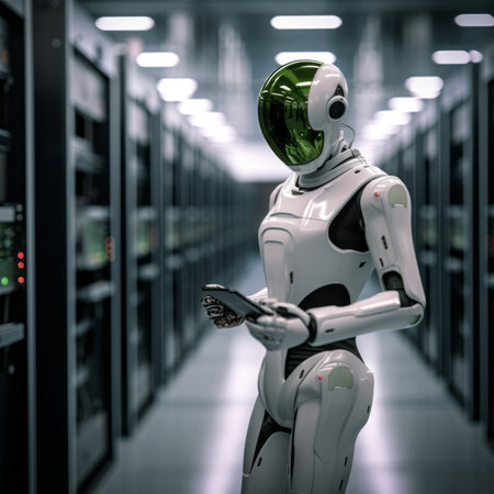 3d rendering humanoid robot in server room with servers in the backgroundの素材
