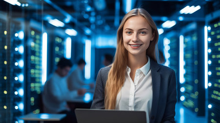 Portrait of young businesswoman working on laptop in datacenterの素材