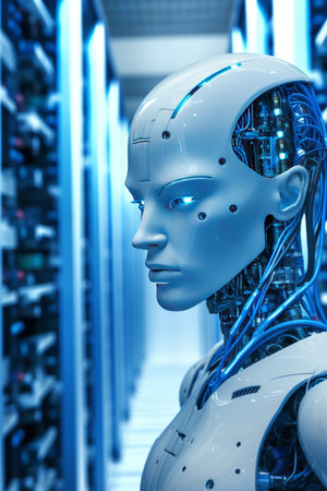 3D rendering of a female robot in a datacenter server roomの素材
