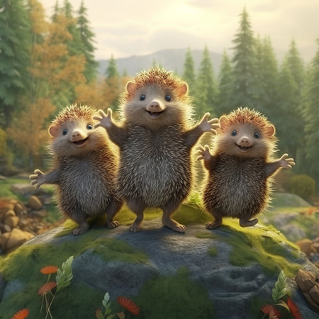 Three hedgehogs stand on a rock in the forest. 3d renderの素材