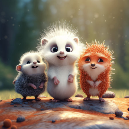 Group of cute hedgehogs in the forest. 3d renderの素材