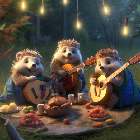 Four hedgehogs playing guitar and singing in the forest at nightの素材
