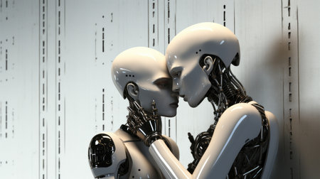 3d render of a robot couple embracing each other over white backgroundの素材