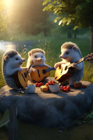 Hedgehogs playing guitar and singing in the park at sunsetの素材