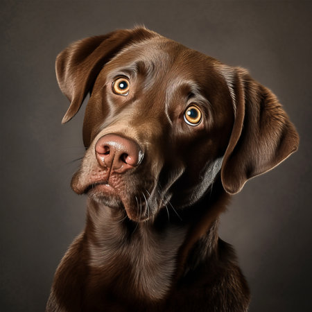 Portrait of a chocolate labrador retriever dog in studio.の写真素材