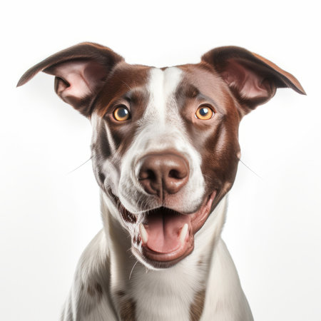 Portrait of a mixed breed dog with open mouth on white backgroundの写真素材