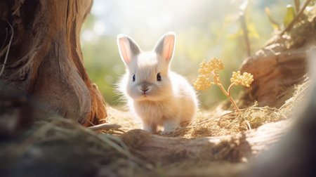 Cute little rabbit in the forest. Easter bunny in the nature.の素材