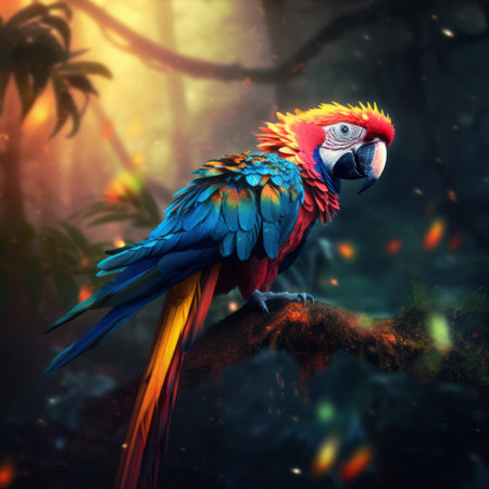 Colorful macaw parrot in the forest, digital painting.