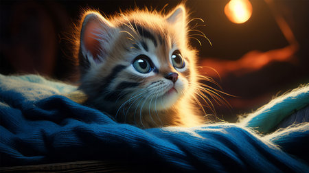 Siberian kitten with blue eyes on the bed at night.の写真素材