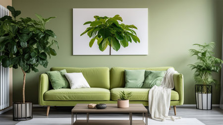 Green sofa in modern living room with plants. 3d render.の写真素材