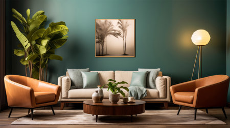 Interior of modern living room with sofa, coffee table and plants. 3d renderの写真素材