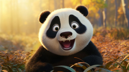 Panda in the autumn forest. 3D illustration. Cartoon style.の素材