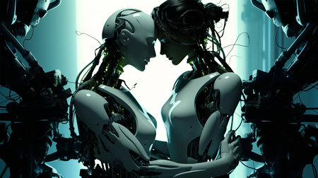 3D rendering of a female robot kissing a male robot in the studioの素材