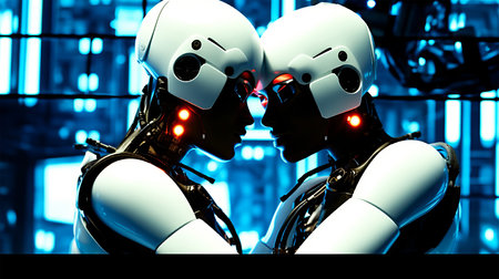 Two cyborgs standing in front of a led screen. 3D rendering.の素材