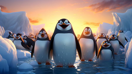 Penguins on icebergs at sunset. 3D illustration.の素材