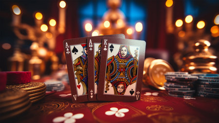 Poker cards on the table against the background of the interior of the churchの素材