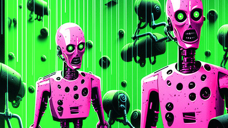 3d rendering of a group of robots on a green background.の素材