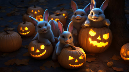 3d rendering of a group of cute bunnies in Halloweenの素材