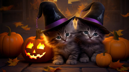 Two kittens in witch hats with pumpkins and bats on Halloween backgroundの素材