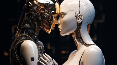 3d rendering of a female robot kissing a male robot in the studioの素材