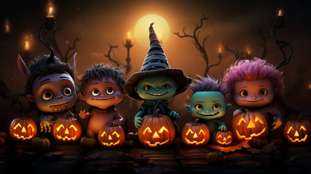 Halloween kids group with pumpkins in dark background - 3D renderの素材