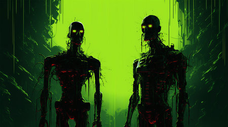Two cyborgs looking at each other in a green neon backgroundの素材