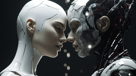 Two female robots face to face. 3D illustration. 3D rendering.の素材