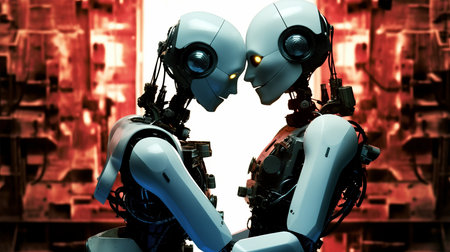 3d rendering humanoid robot couple looking at each other on factory backgroundの素材
