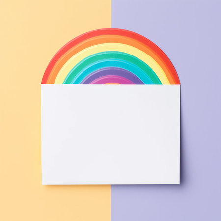 Colorful rainbow and paper card on colorful background. Minimal style.の素材