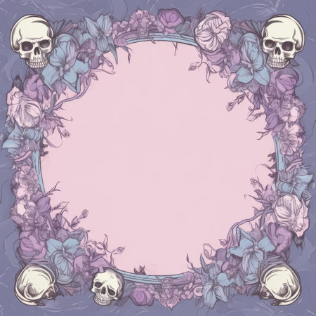 Grunge floral frame with flowers and skull. Vector illustration.の素材