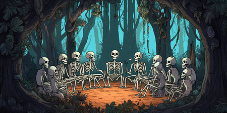 Cartoon skeleton group in the dark forest. Halloween background. Vector illustrationの素材