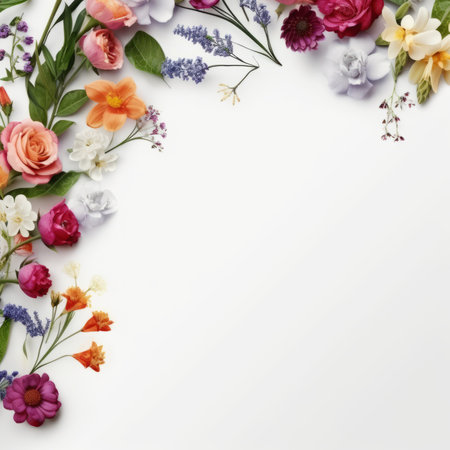 Flowers composition. Frame made of colorful flowers on white background. Flat lay, top view, copy spaceの素材