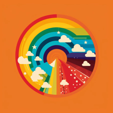 Rainbow and clouds on orange background. Vector illustration. Eps 10の素材