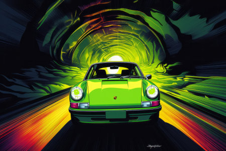Retro car in a tunnel. Side view. Vector illustration.の素材