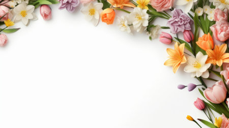 Colorful spring flowers on white background, top view. Space for textの素材