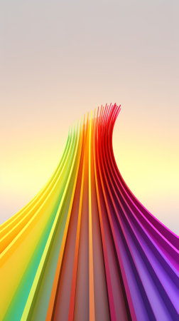 3d render of abstract background with curved lines in rainbow colors.の素材
