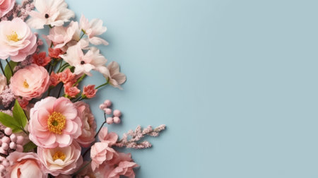 Flowers composition. Pink flowers on blue background. Flat lay, top view, copy spaceの素材